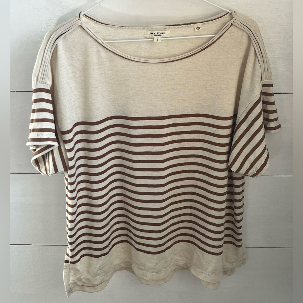 Max Studio Beige and Brown Striped Short Sleeve Top